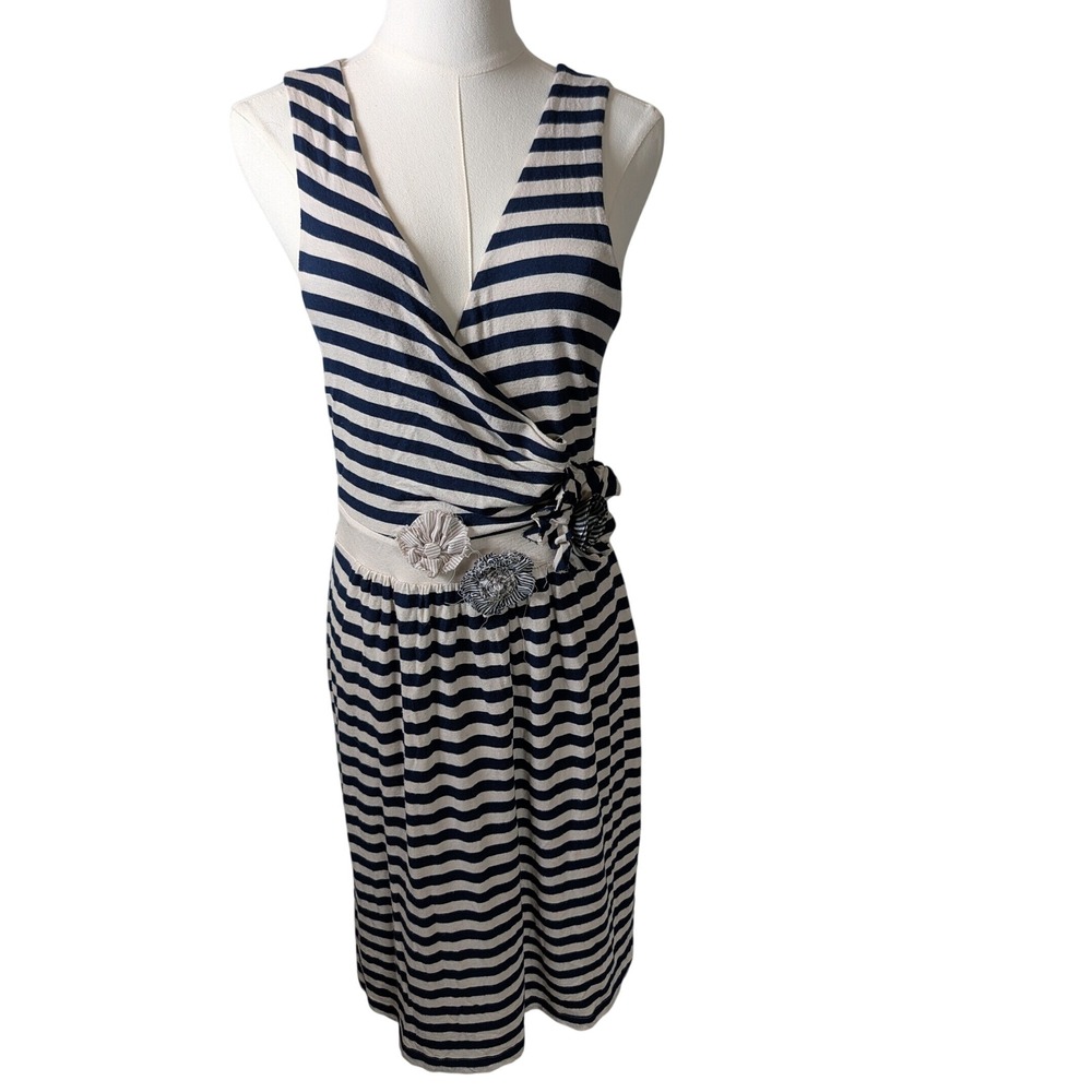 Little Yellow Button Anthropologie V Neck Dress White Navy Stripes Sz XS